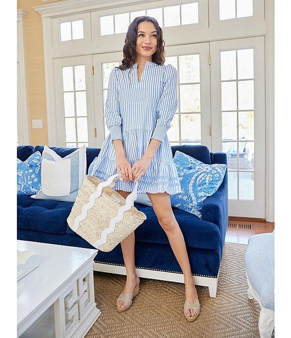 SAIL to SABLE Woven Stripe Split V-Neck Bracelet Sleeve Tiered Dress Product Image