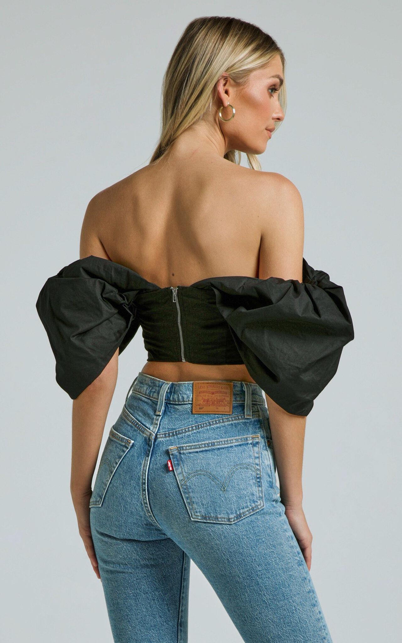 Shona Top - Off Shoulder Sweetheart Neck Puff Sleeve in Black Product Image