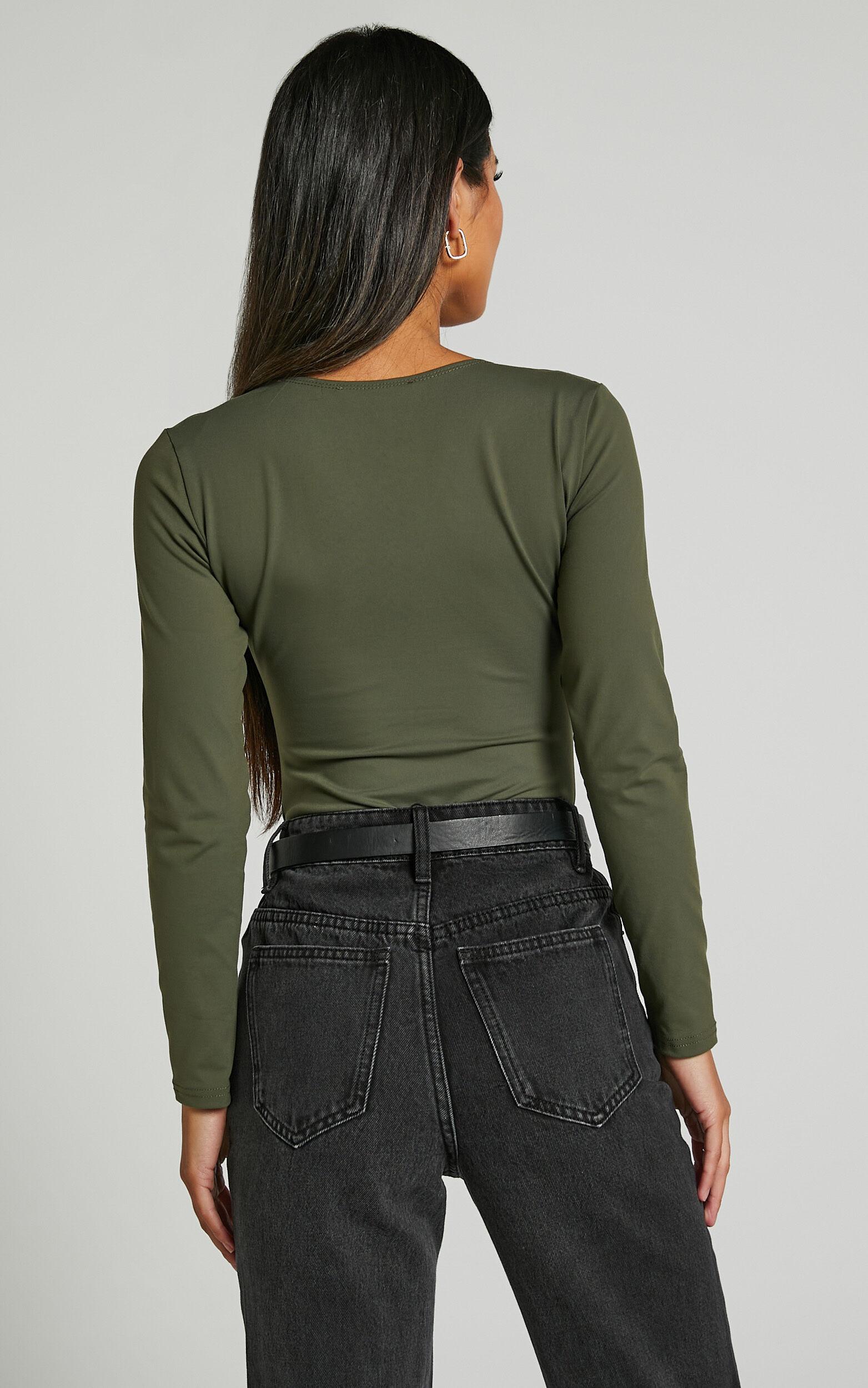 Elia Bodysuit - Square Neck Long Sleeve Bodysuit in Olive Product Image