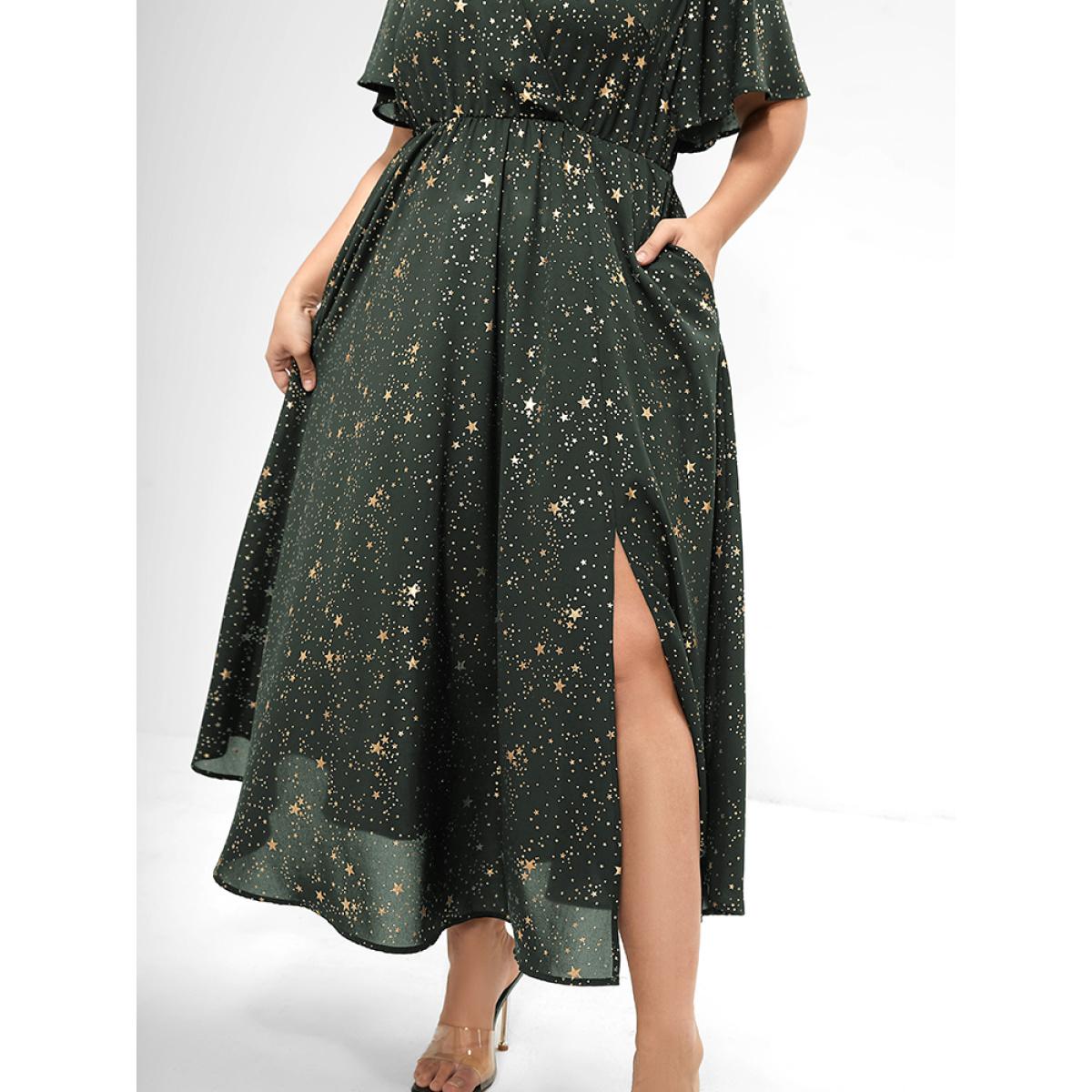 Moon and Star Galaxy Print Plus Size Dress Women Party Pocket Ruffle Sleeve Short Sleeve V Neck Pocket Going out Long Dress BloomChic Product Image