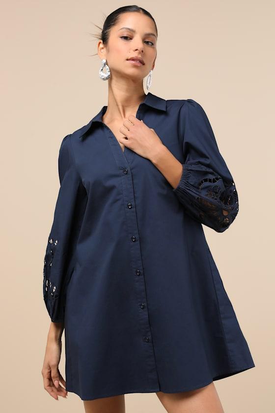Nelda Navy Blue Button-Up Mini Shift Dress Product Image