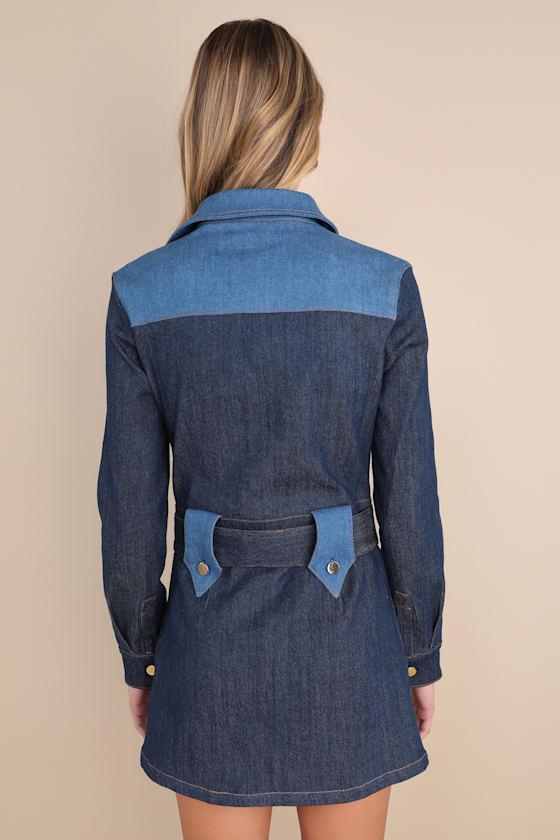 Midnight Cowgirl Blue Denim Belted Long Sleeve Mini Dress Product Image