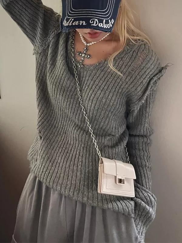 Ribbed Tattered V Neck Sweater Product Image