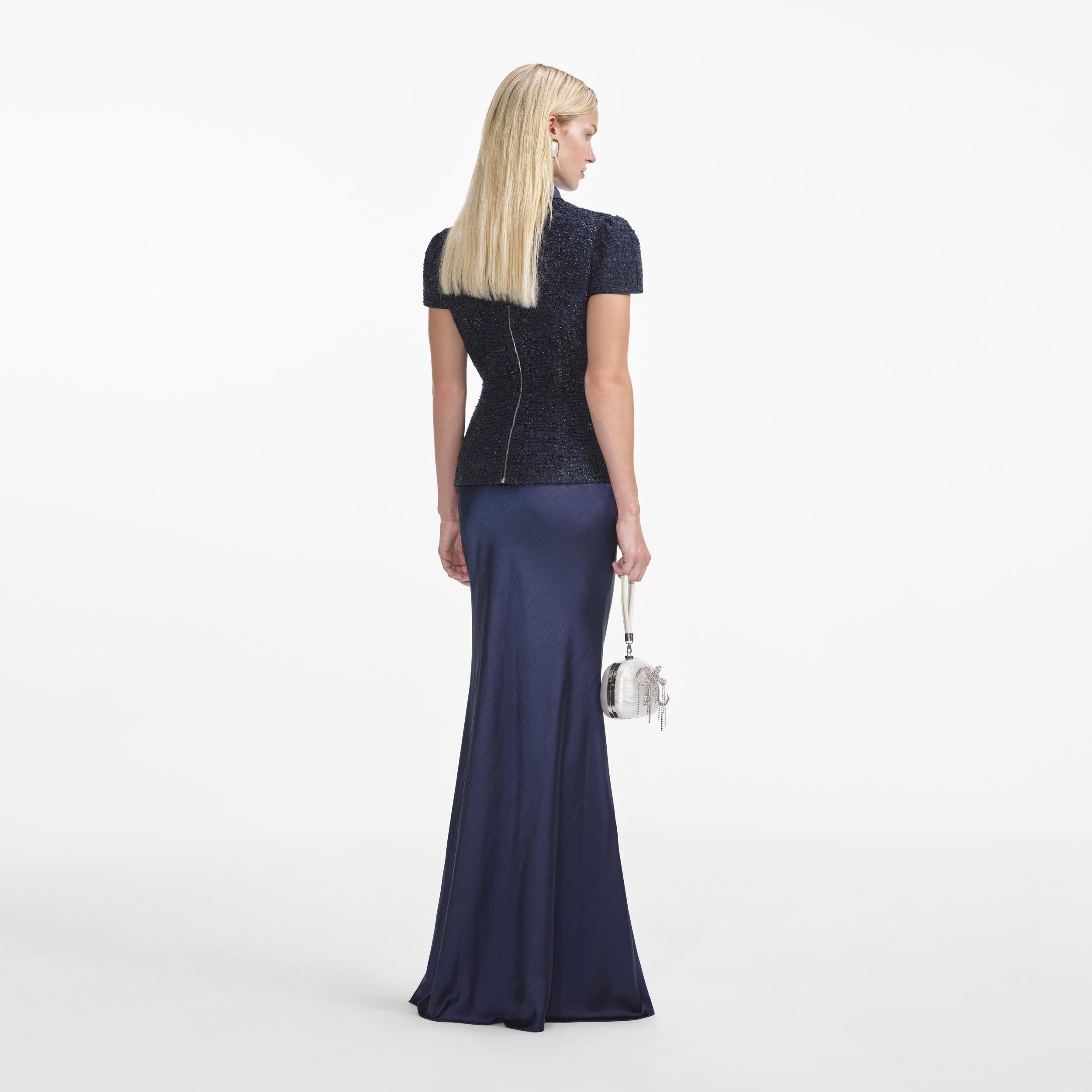 Navy Metallic Boucle Maxi Dress Product Image
