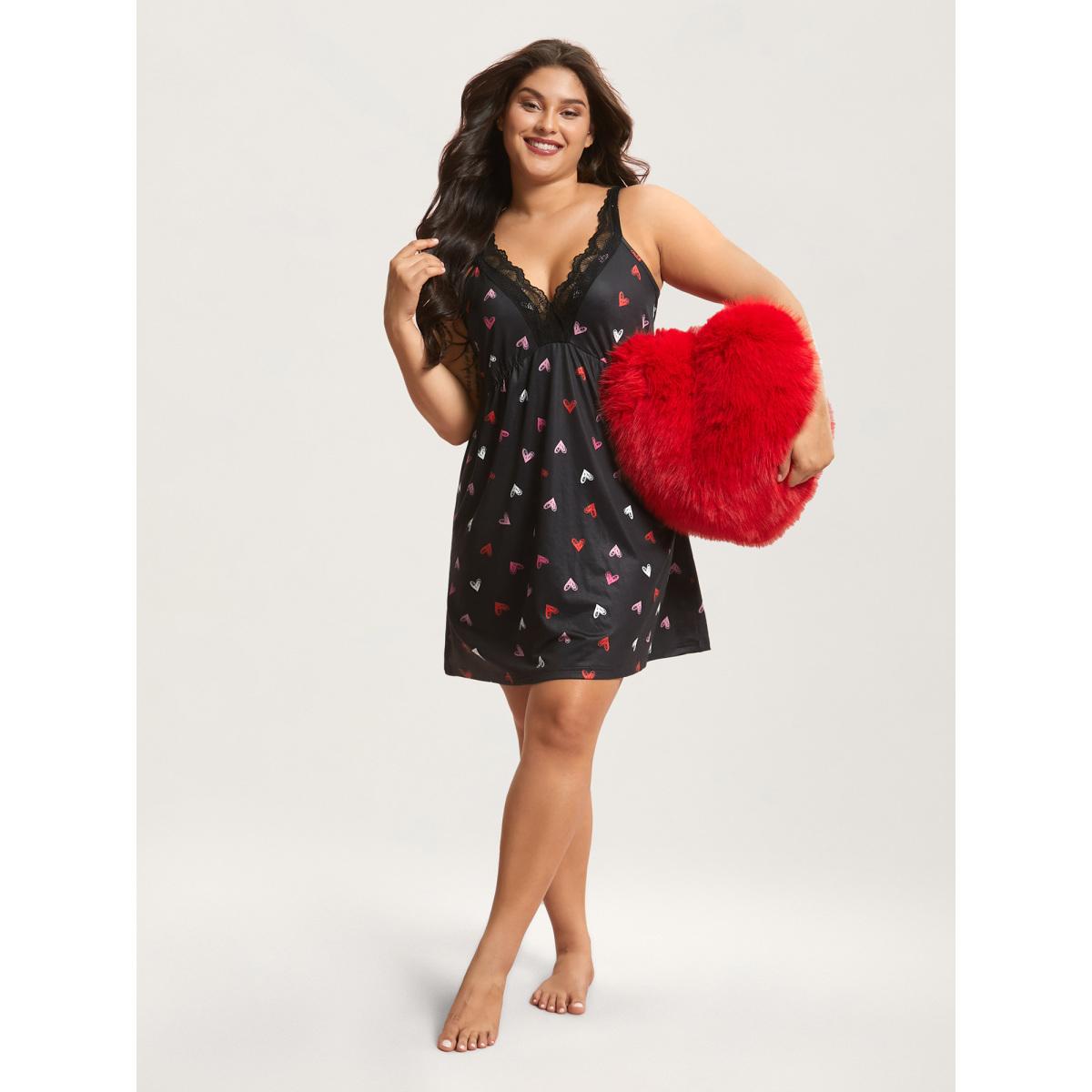 Plus Size Multi-Color Lace Trim Stitch Lounge Dress Women Black Lounge Woven ribbon&lace trim Deep V-neck Loungewear BloomChic 26/4X Product Image