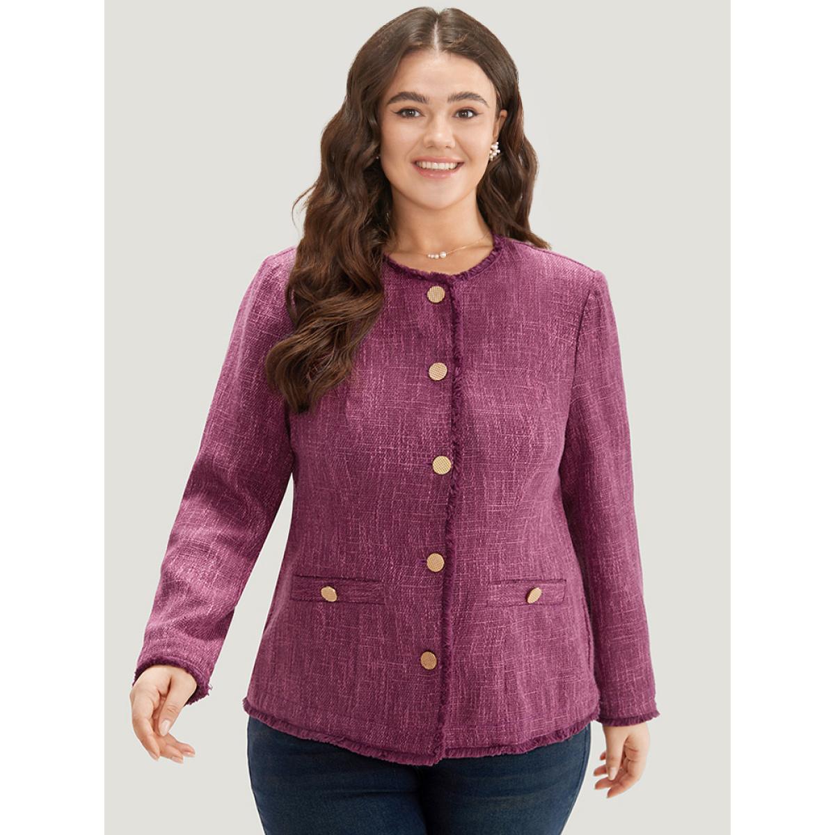 Plus Size Texture Buckle Detail Fuzzy Trim Jacket Women RedViolet Texture Pocket Dailywear Jackets BloomChic 22-24/3X Product Image