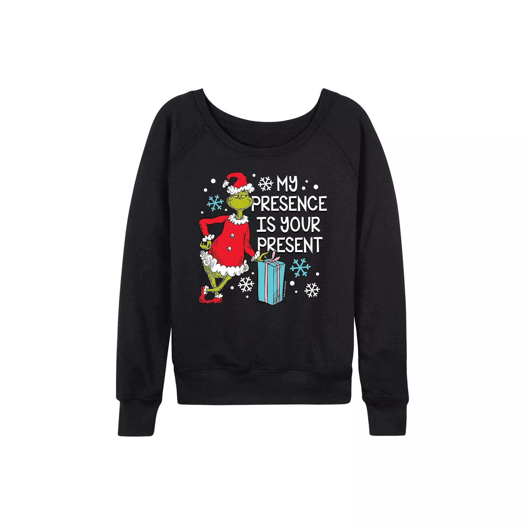 Women's Dr. Seuss Grinch My Presence French Terry Long Sleeve Tee, Size: Large, Black Product Image