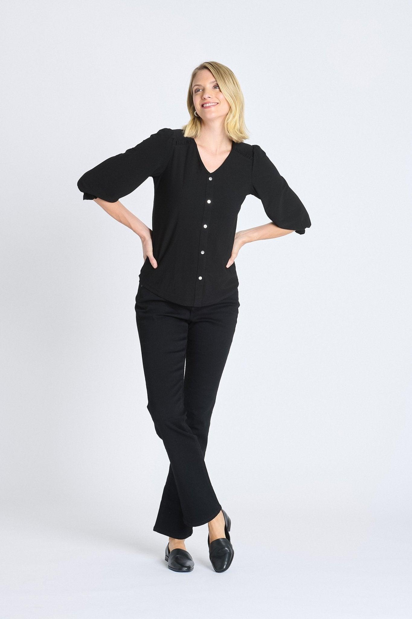 Ruffle 3/4 Sleeve Button Top, Black Product Image