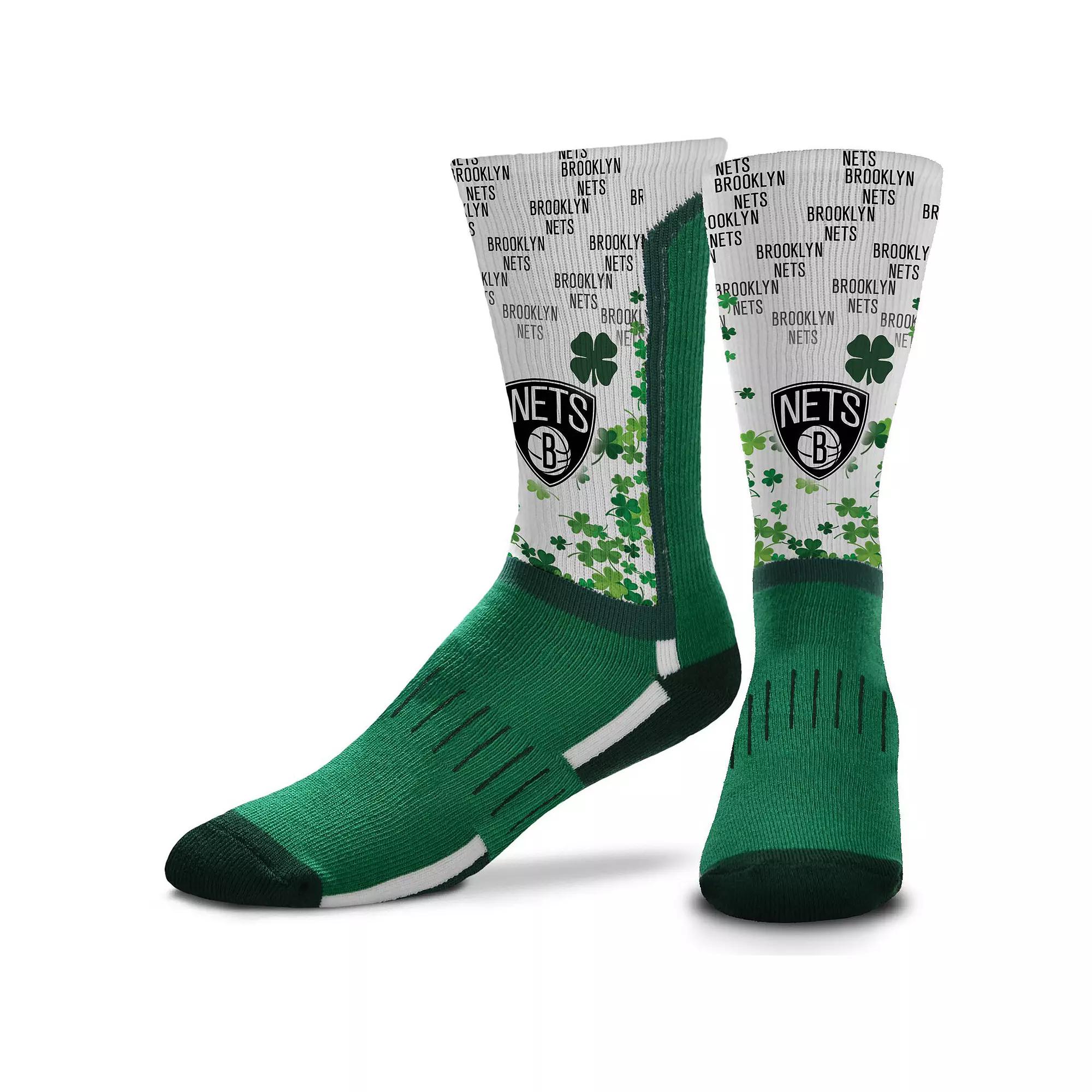 For Bare Feet Brooklyn Nets Four Leaf St. Patrick's Day V-Curve Crew Socks, Men's, Size: Large, Green Product Image
