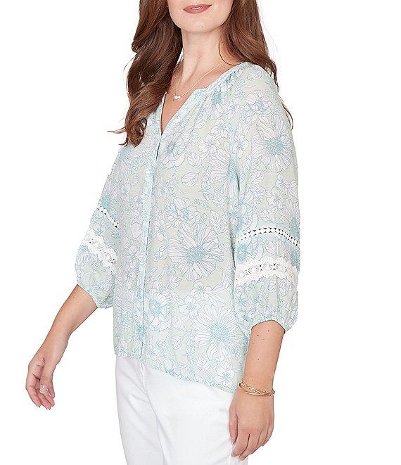 Ruby Rd. Silky Gauze Floral Split V-Neck 3/4 Sleeve Button-Front Blouse Product Image
