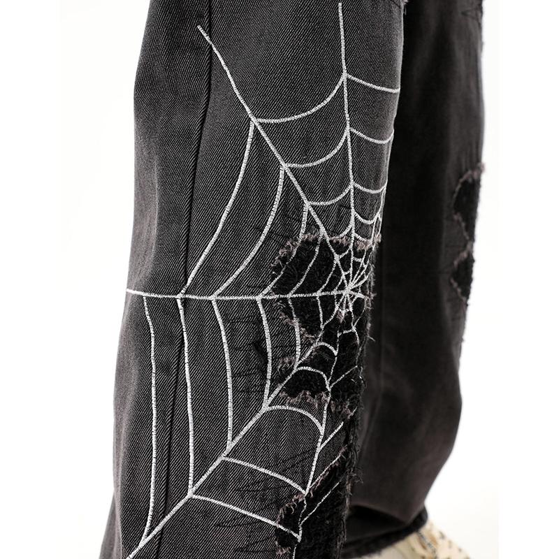 Sopula Vintage Street Spider Web Embroidery Ripped Patch Jeans Product Image