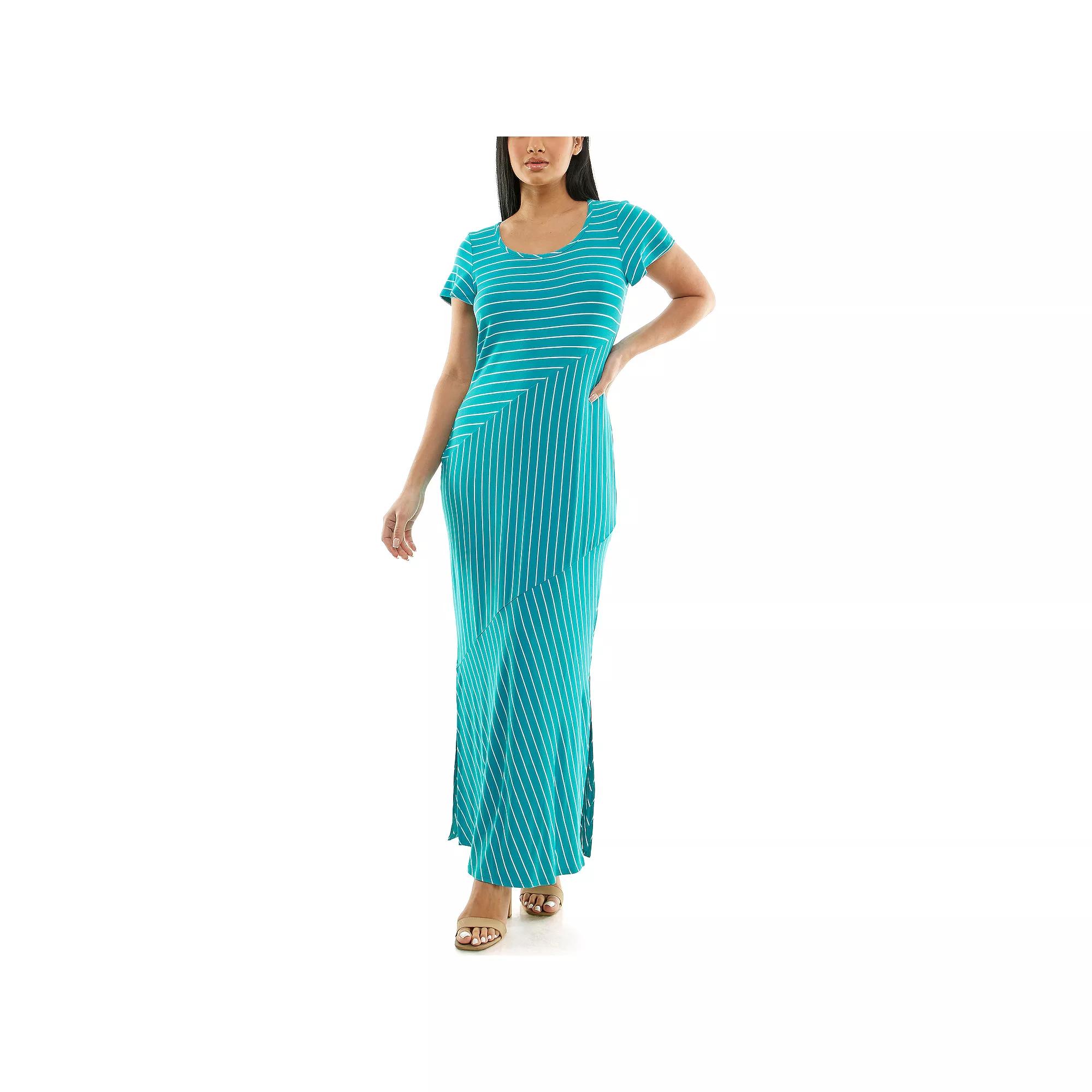 Women's Nina Leonard Scoopneck Stripe Maxi Dress, Size: Large, Peacock White Product Image