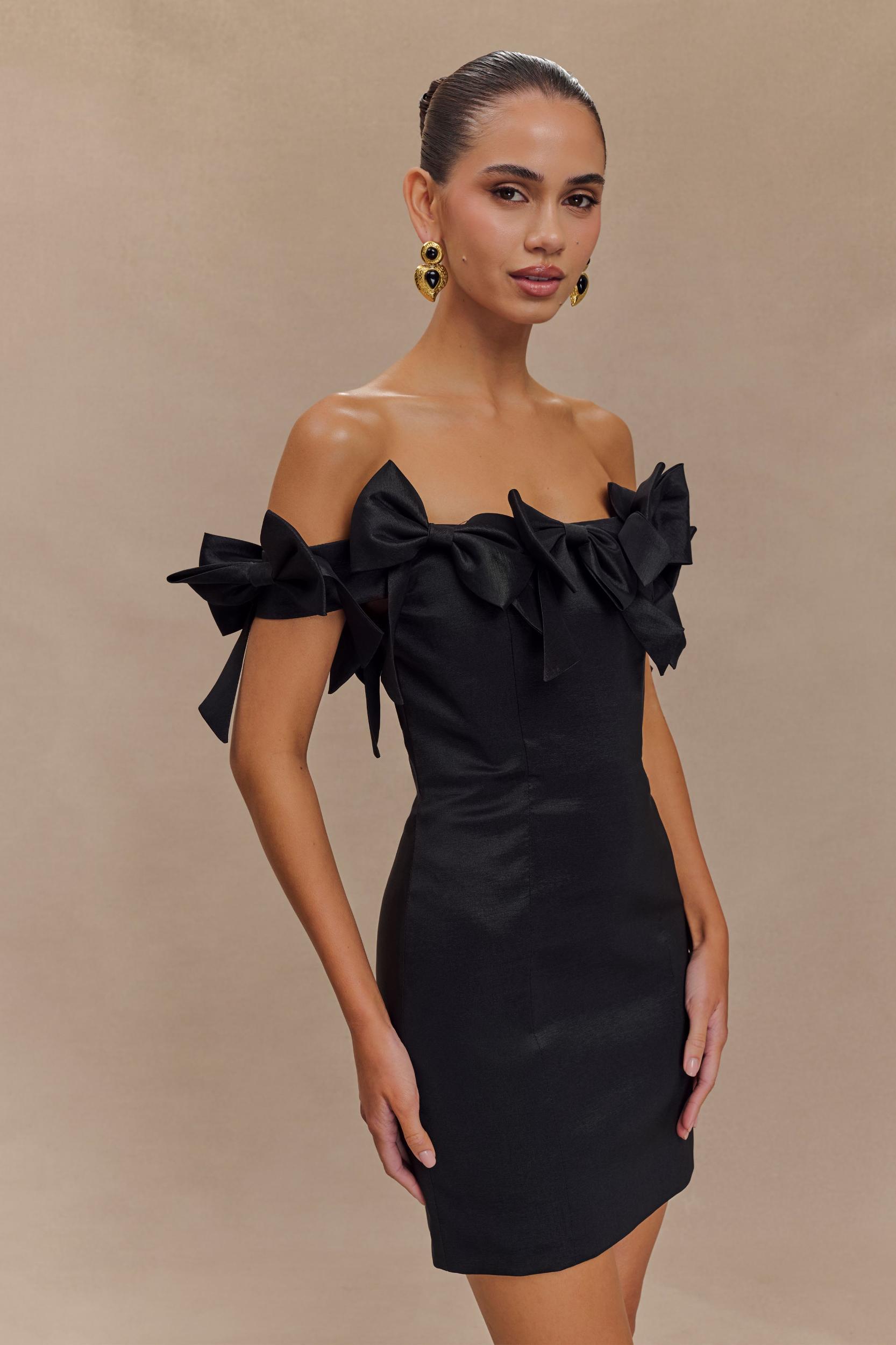 Rose Strapless Bow Mini Dress - Black Product Image