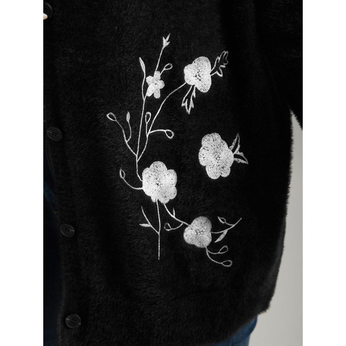 Plus Size Floral Embroidered Fuzzy Open Front Cardigan Black Women Casual Loose Long Sleeve Everyday Cardigans BloomChic 26/4X Product Image