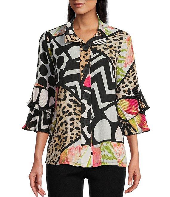Multiples Petite Size Textured Multi Print Wire Collar 3/4 Sleeve Fitted Button Front Jacket Product Image