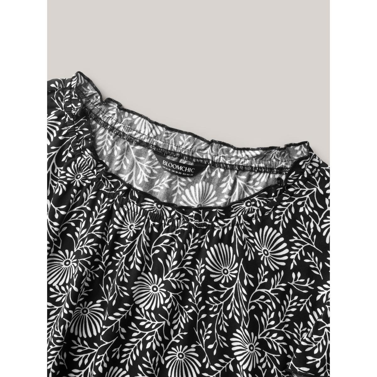 Plus Size Black Floral Print Ruffled Neck Blouse Women Cap Sleeve Mock Neck Vacation Blouses BloomChic 12/L Product Image