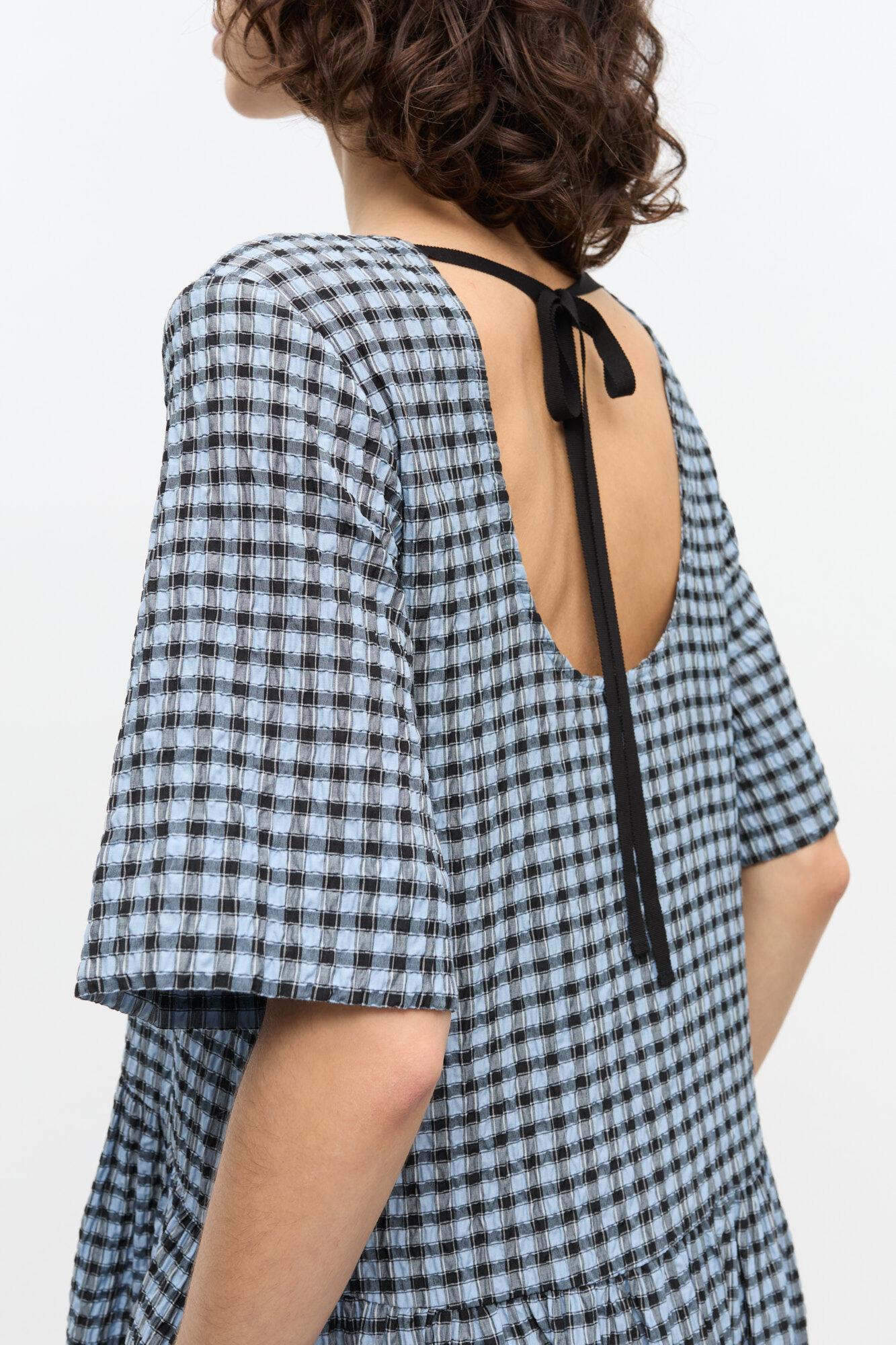 Blue Seersucker Check Midi Dress Product Image
