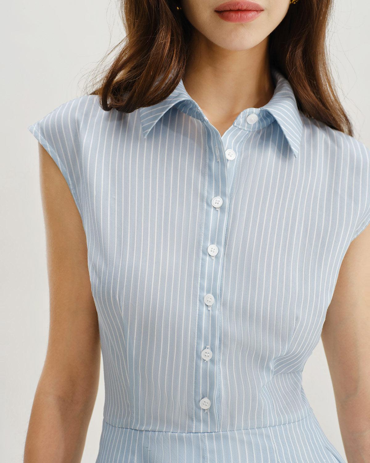 Blue Striped Cap Sleeve Midi Dress Product Image