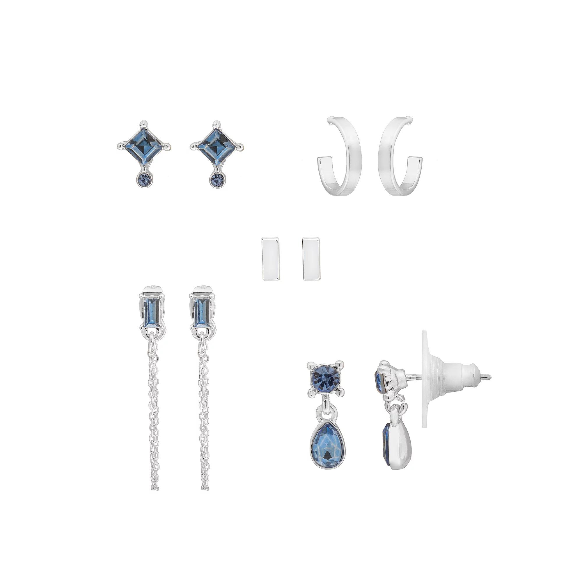 LC Lauren Conrad Silver Tone Crystal 5-pack Earrings Set, Women's, Blue Product Image