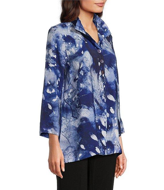 Ali Miles Woven Abstract Print Wire Collar 3/4 Sleeve Hi-Low Hem Button Front Tunic Product Image