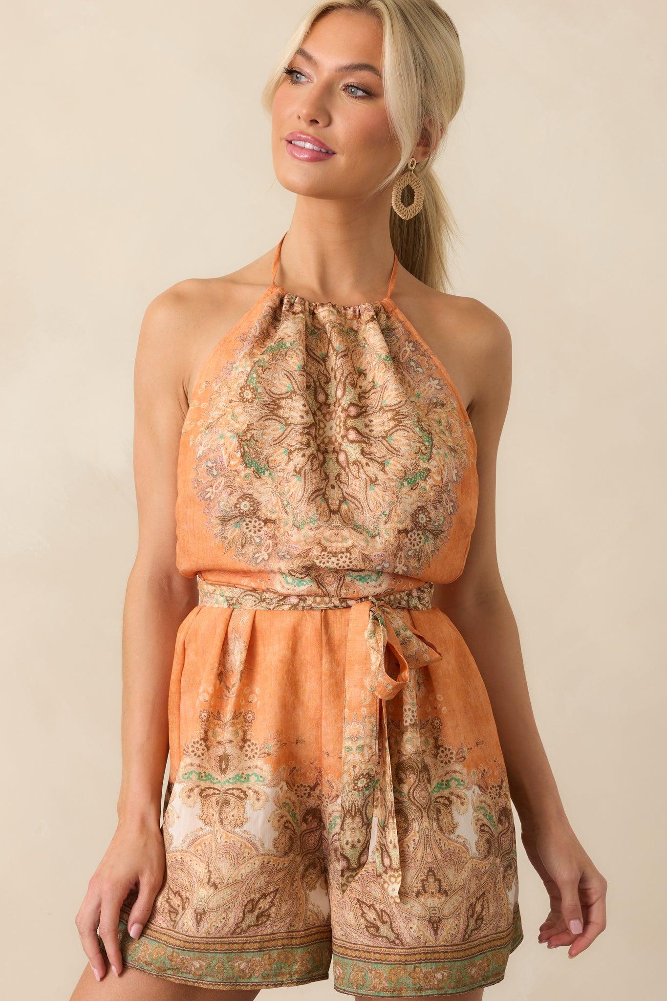 All I Wanted Light Orange Multi Print Halter Open Back Romper Product Image