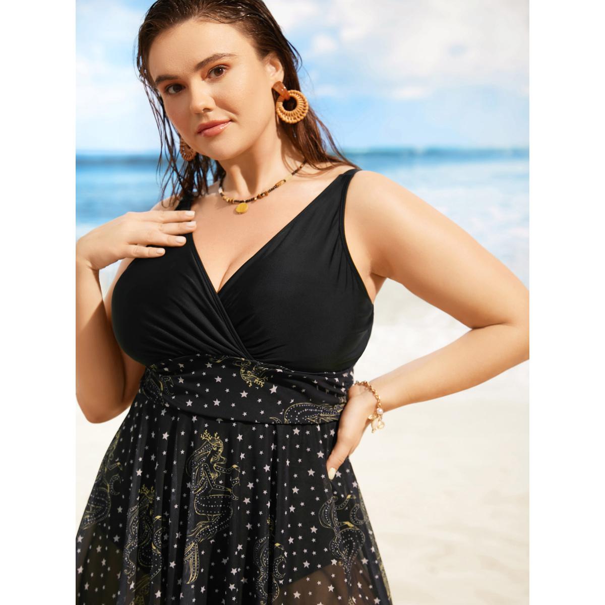 Plus Size Overlap Collar Moon & Star Patchwork Mwsh Swim Dress Women's Swimwear Black Beach Bodycon Overlap Collar High stretch Curve Swim Dresses BloomChic 30/6X Product Image