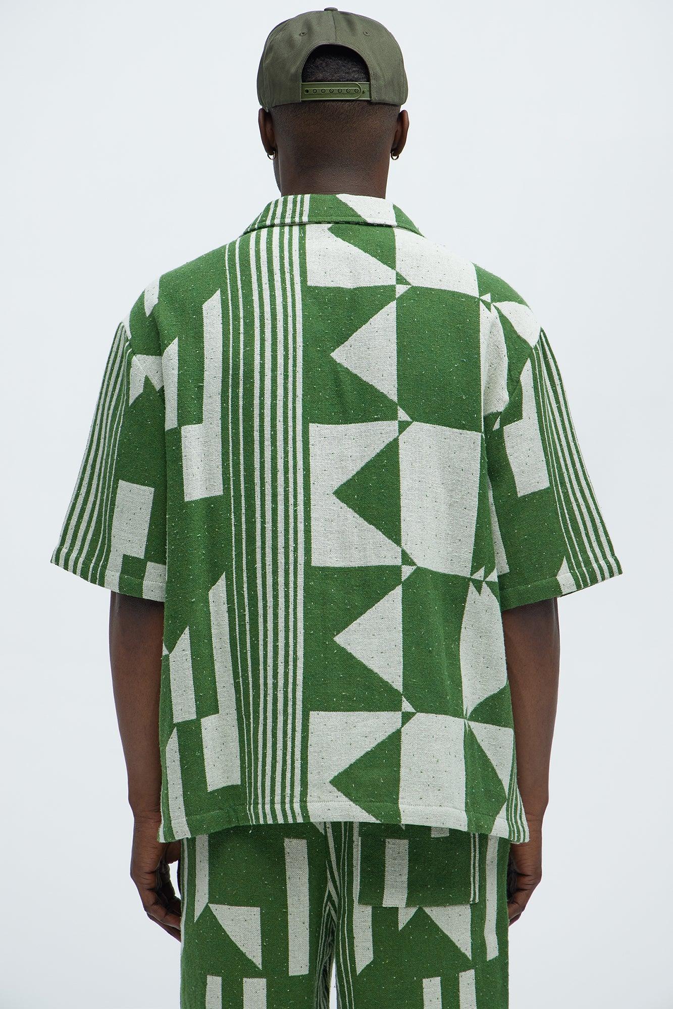 Abstract Cuban Collar Button Down Shirt - Olive/combo Product Image