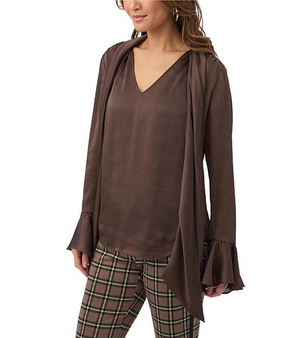 Trina Turk Alora Georgette Tie V-Neck Long Bell Sleeve Blouse Product Image