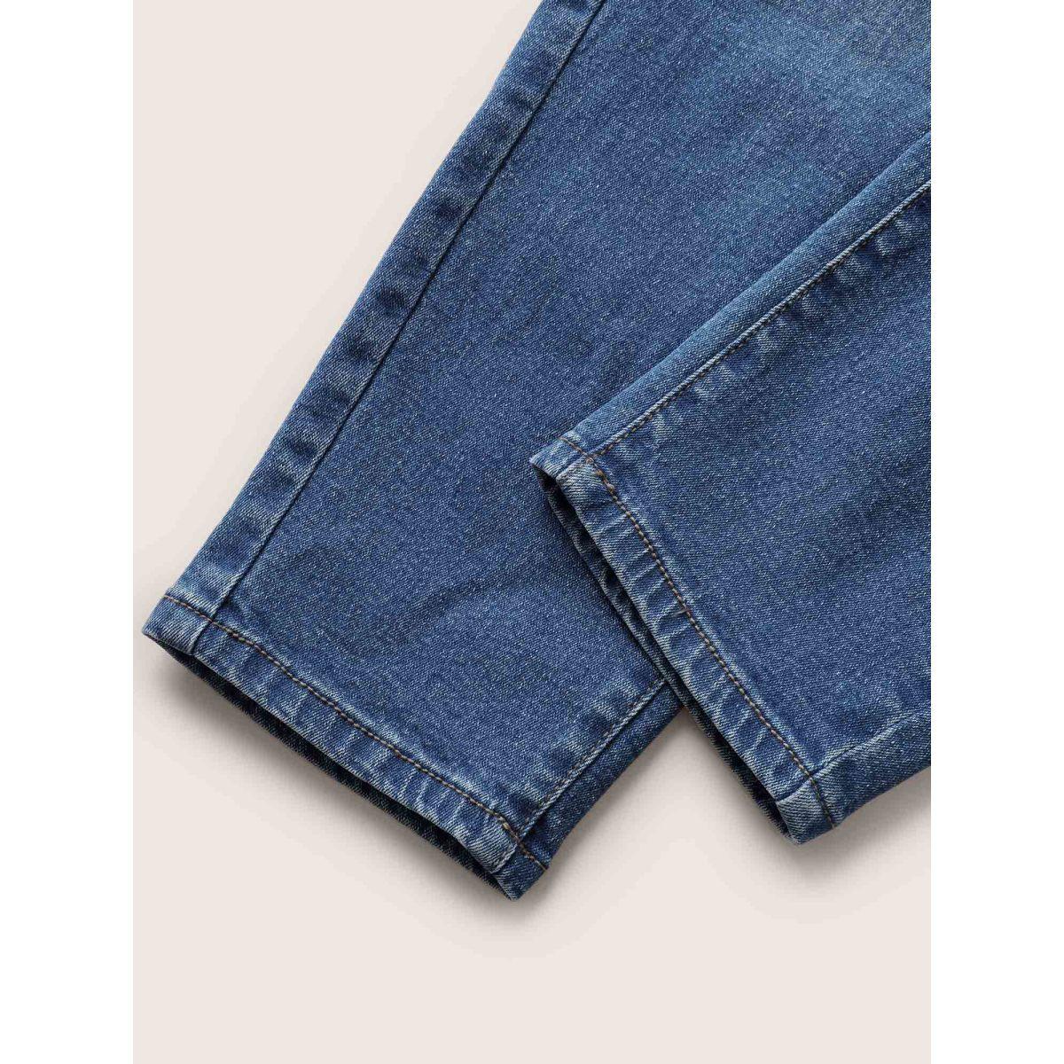 Plus Size Medium Wash Slim Cropped Jeans Women Blue Casual Button High stretch Slanted pocket Jeans BloomChic 18/2X Product Image