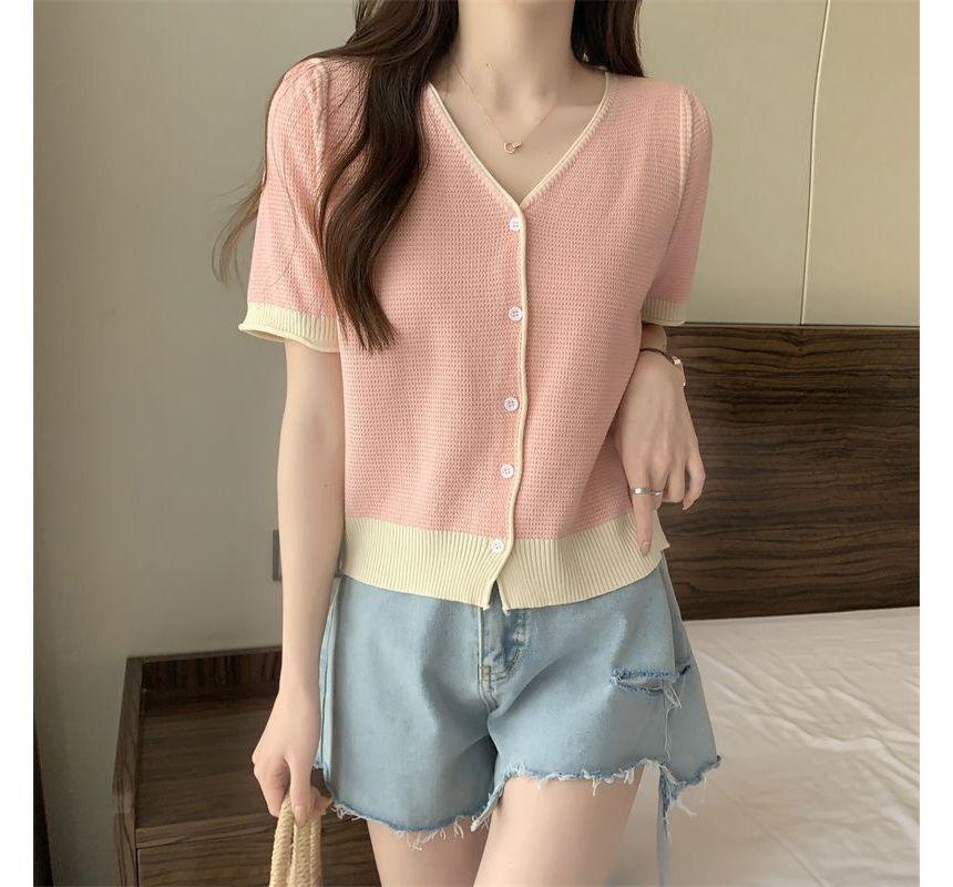 Short-Sleeve V-Neck Two Tone Cardigan Product Image