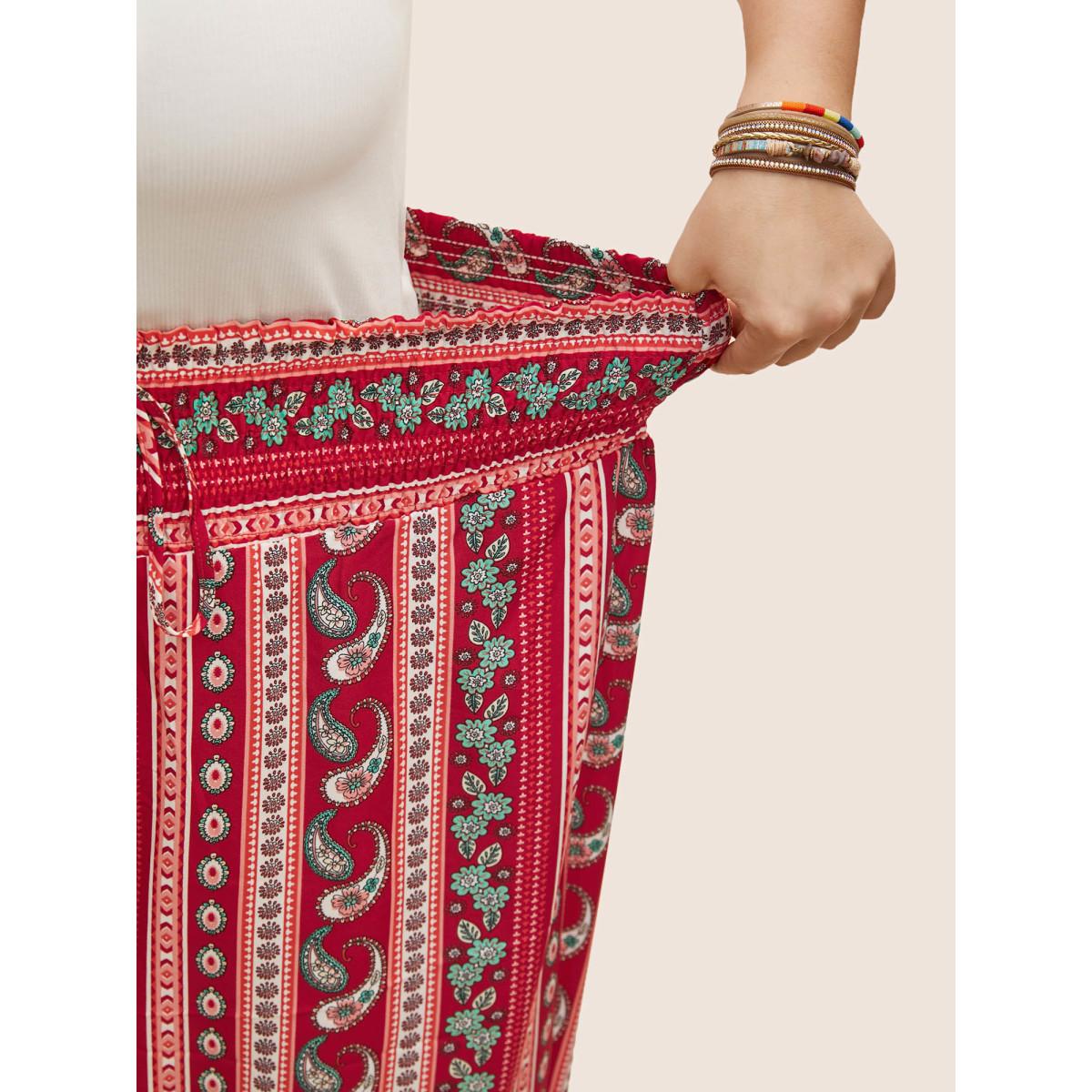 Plus Size Bandana Print Wideband Waist Wide Leg Pants Women Crimson Resort Wide Leg High Rise Vacation Pants BloomChic 18-20/2X Product Image