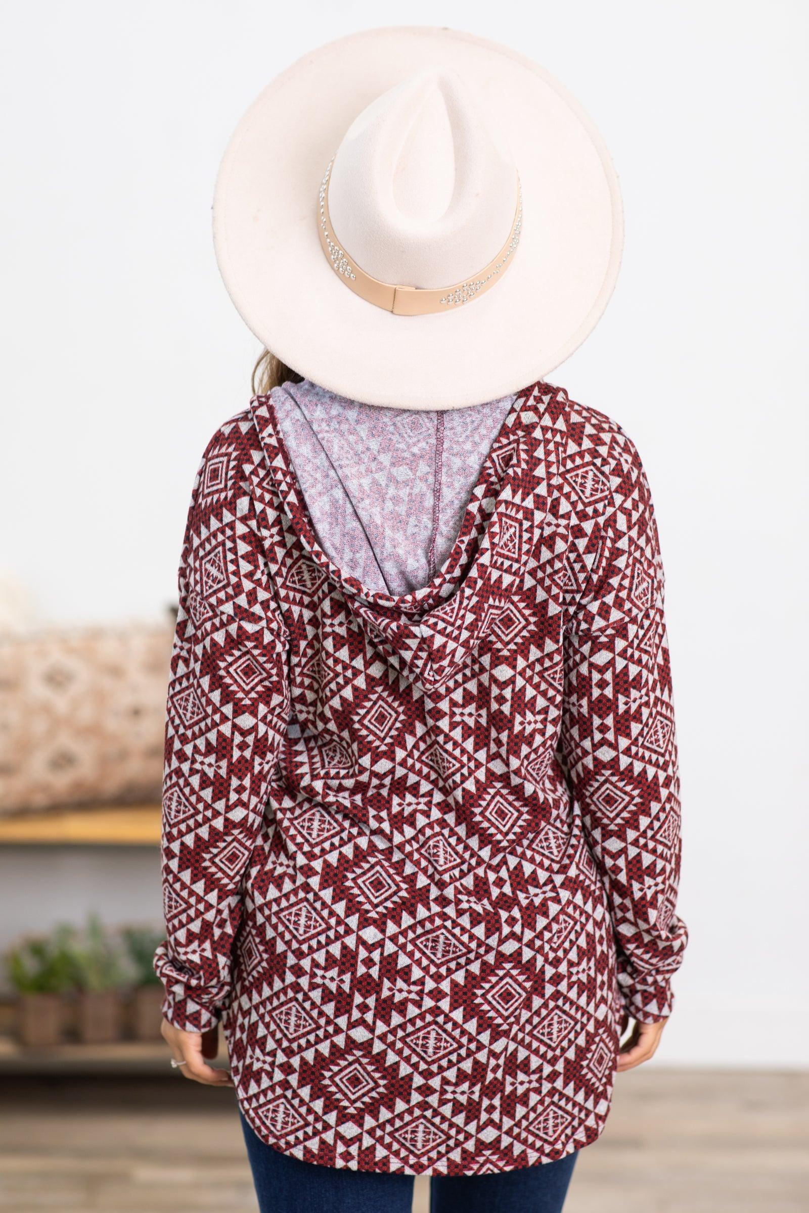 Burgundy Aztec Print V-Neck Top Product Image