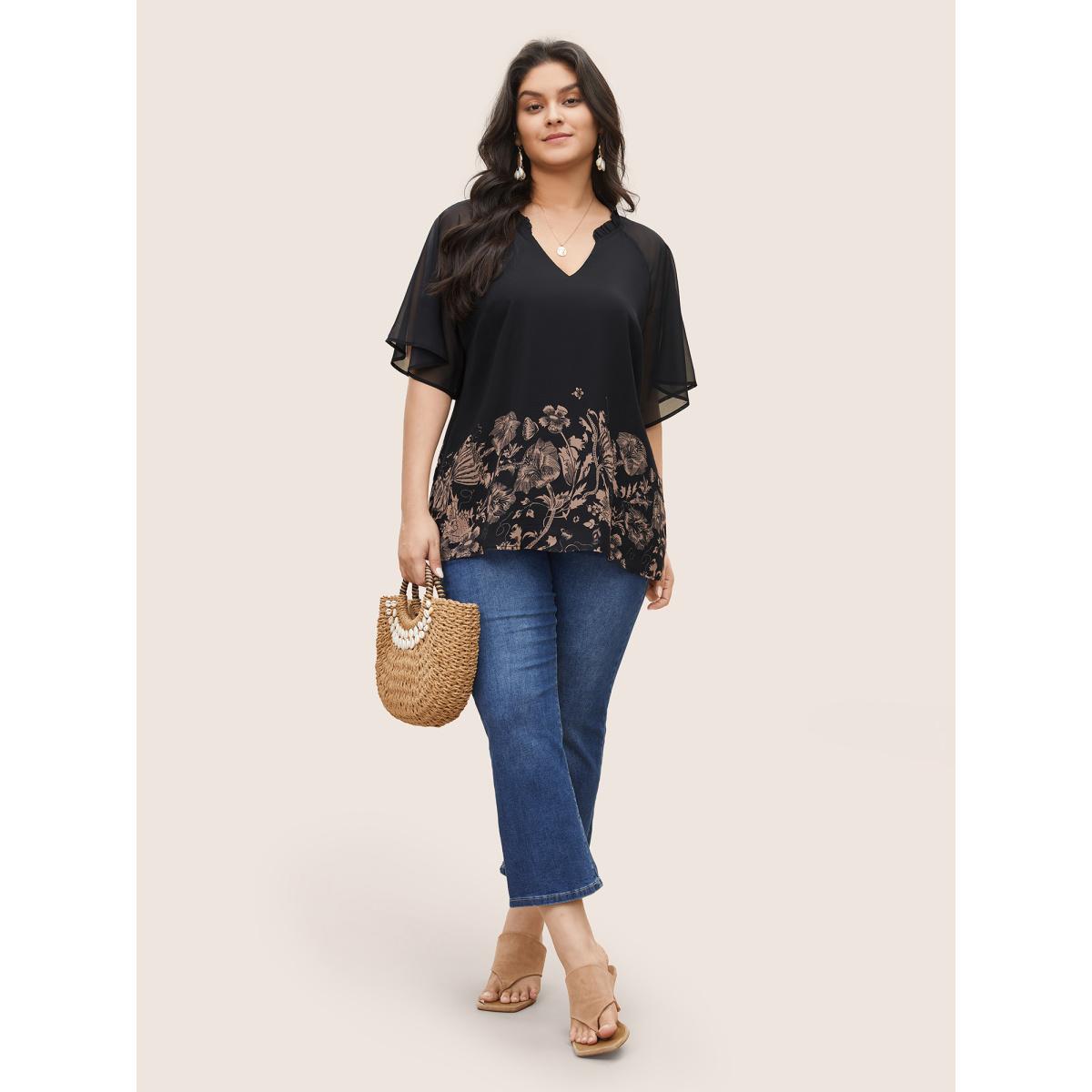 Plus Size Black Boho Print Patchwork Mesh Frill Trim Blouse Women Resort Half Sleeve Notched collar Vacation Blouses BloomChic 12/L Product Image
