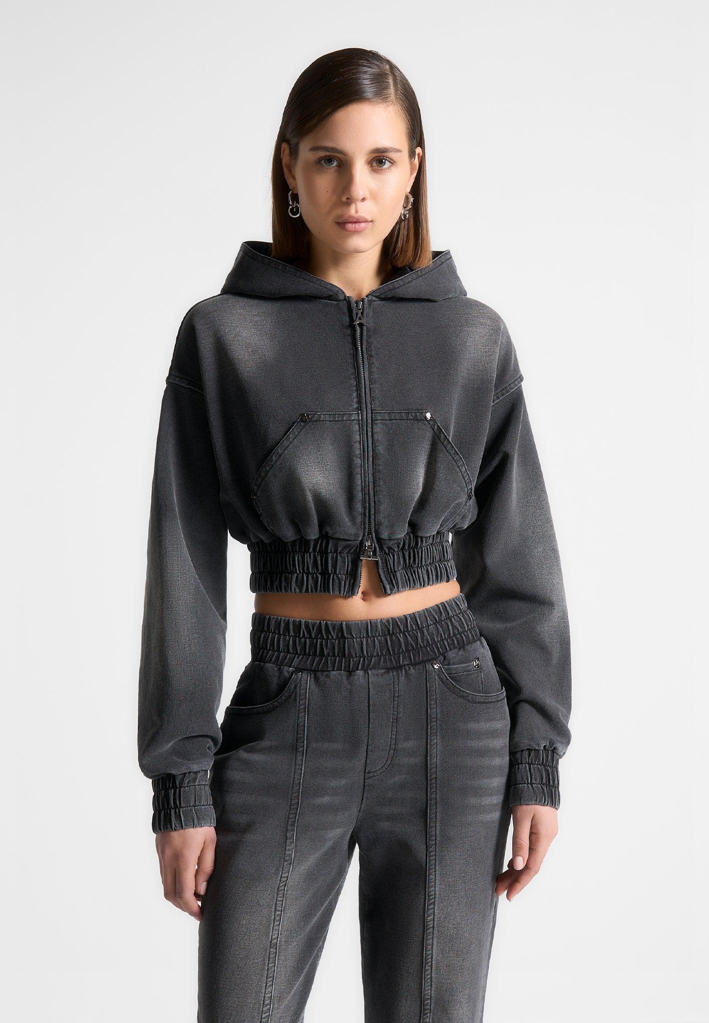 Washed Denim Jersey Hoodie - Washed Black Female Product Image