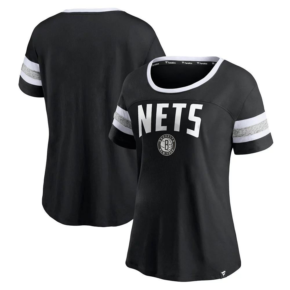 Women's Fanatics Branded Black/Heathered Gray Brooklyn Nets Block Party Striped Sleeve T-Shirt,  Product Image