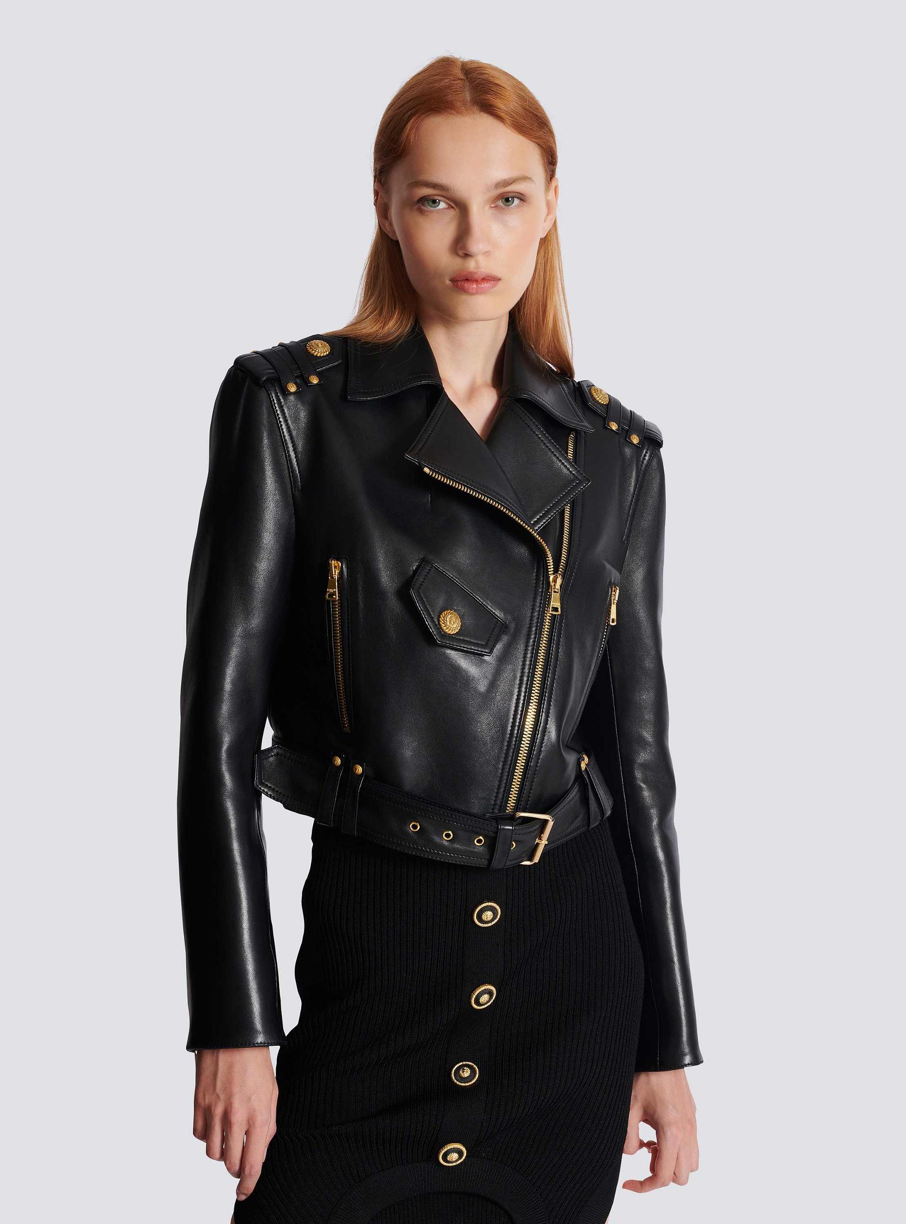 Zipped leather biker jacket Product Image