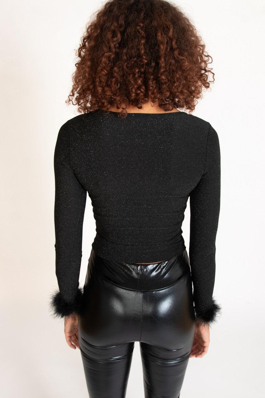 Feather Trim Glitter Long Sleeve Top Product Image