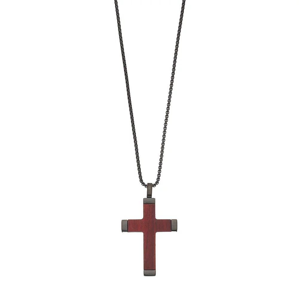 LYNX Men's Black Stainless Steel & Wood Cross Pendant Necklace, Size: 24" Product Image