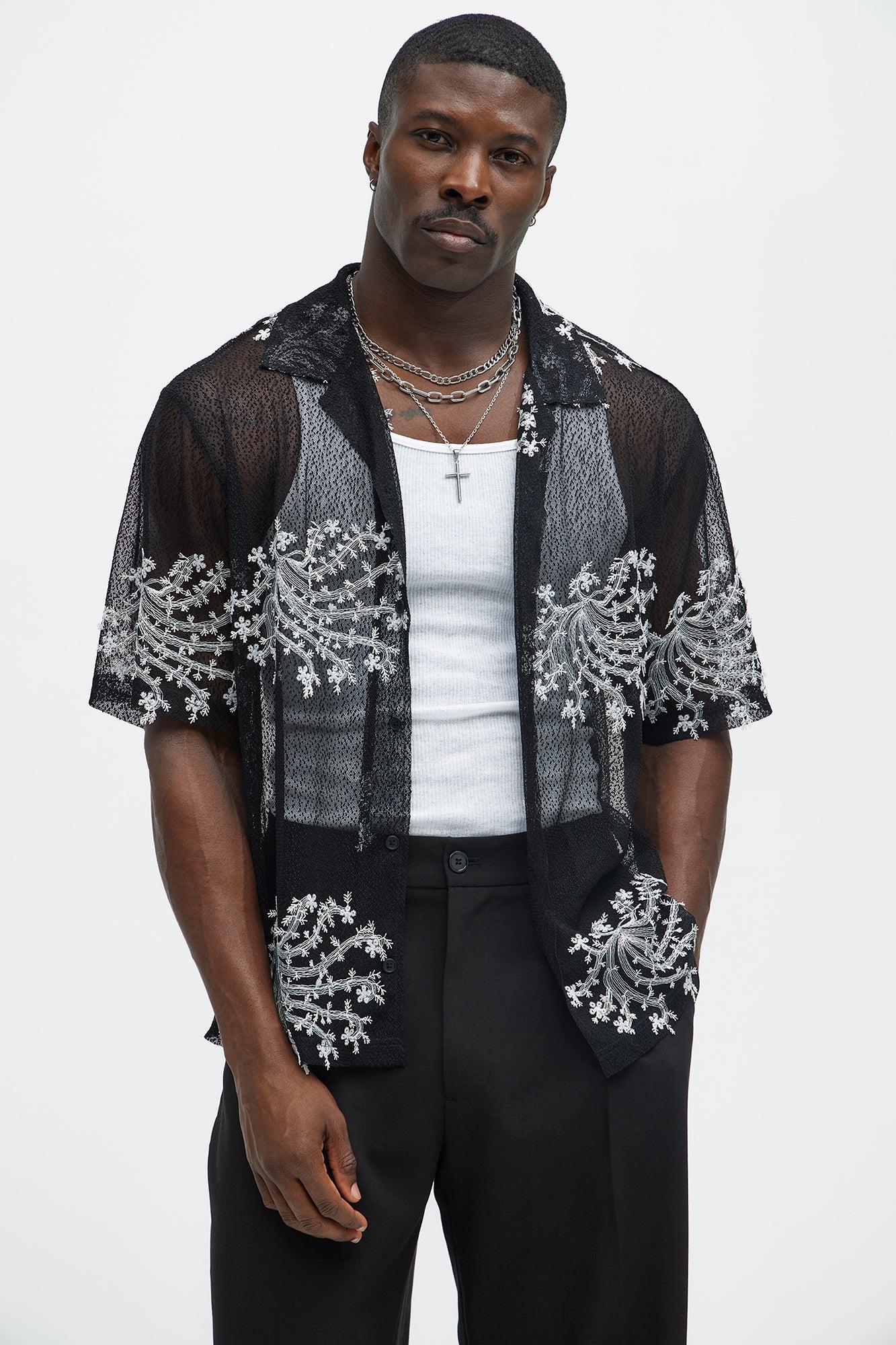 Plant Embroidered Cuban Mesh Shirt - Black Product Image