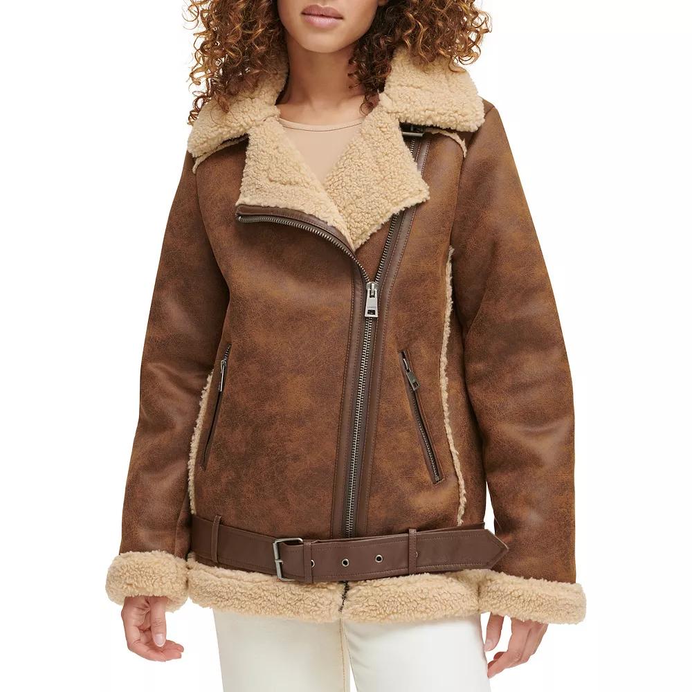 Women's Levi's® Faux Shearling & Suede Belted Moto Jacket, Size: Large, Brown Product Image