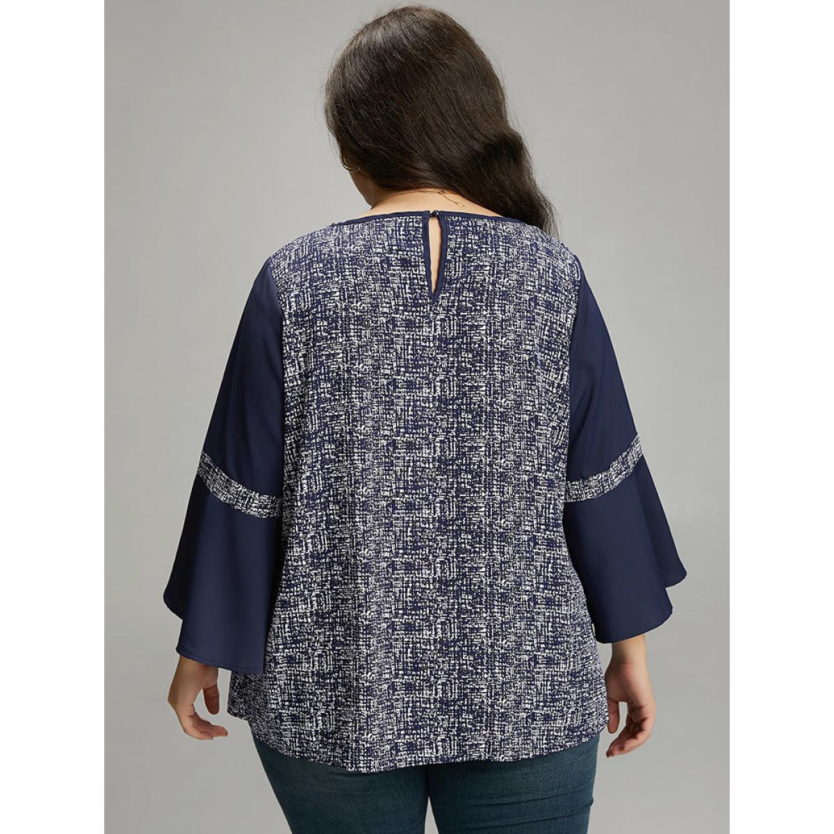 Plus Size DarkBlue Patchwork Crew Neck Ruffle Sleeve Blouse Women Vacation Long Sleeve Round Neck Dailywear Blouses BloomChic 22-24/3X Product Image