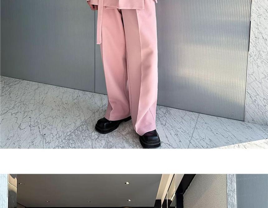 Set: Mock Two-Piece Peak Lapel Plain Buttoned Slit Blazer + Mid Rise Wide Leg Dress Pants Product Image