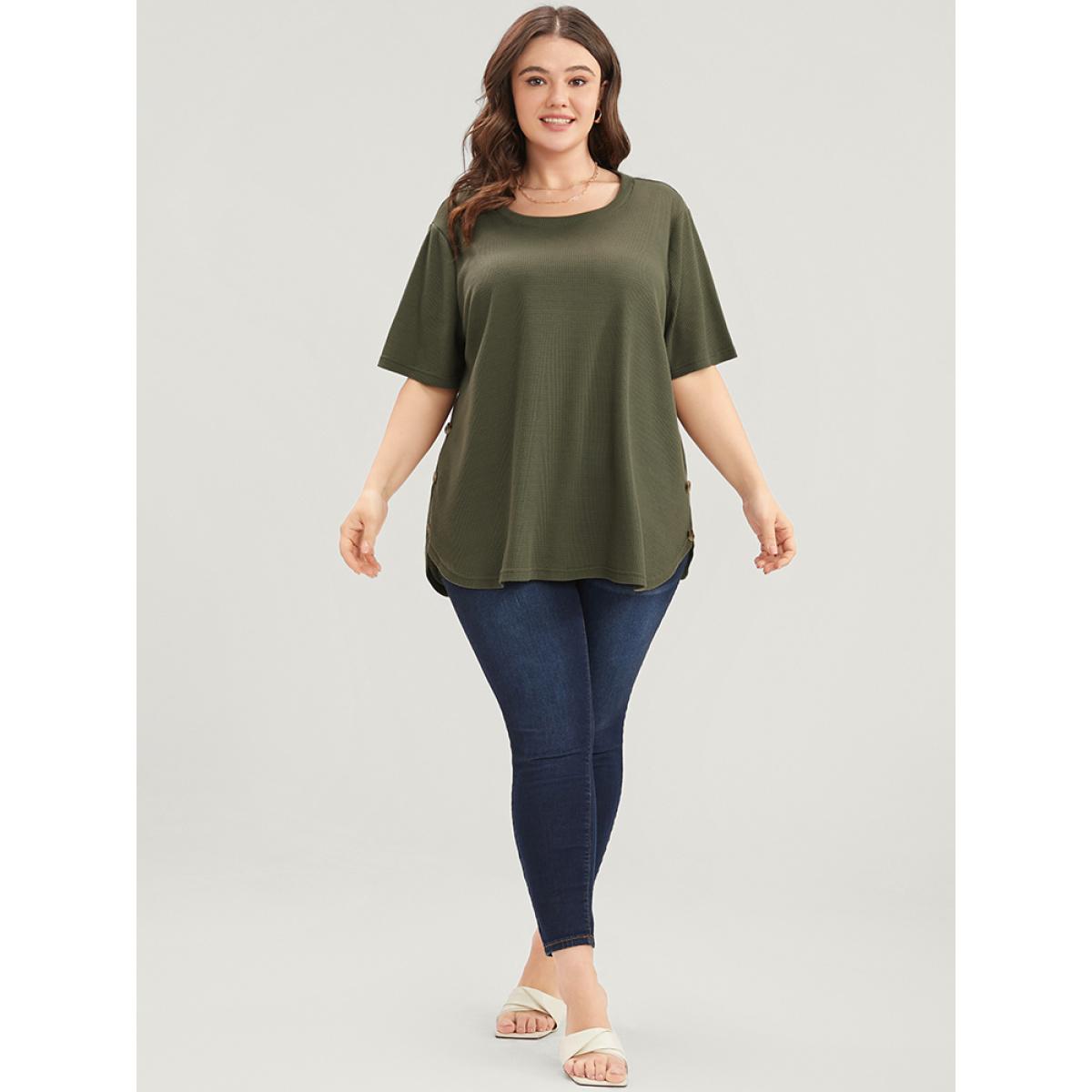Plus Size Plain Round Neck Button Detail Waffle Knit Tee ArmyGreen Women Casual Button Plain Round Neck Dailywear T-shirts BloomChic 14-16/1X Product Image