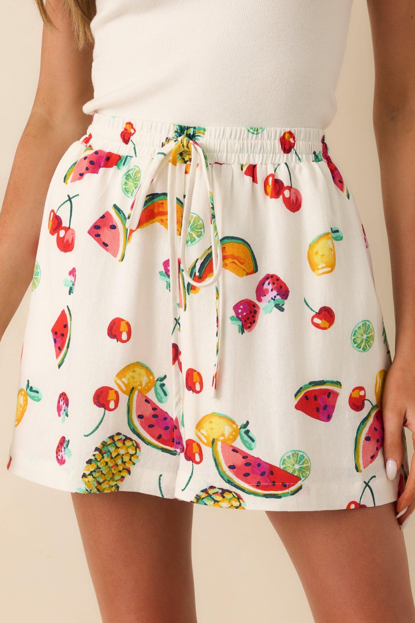 It's All Good Ivory Multi Fruit Print High Waisted Drawstring Shorts Product Image