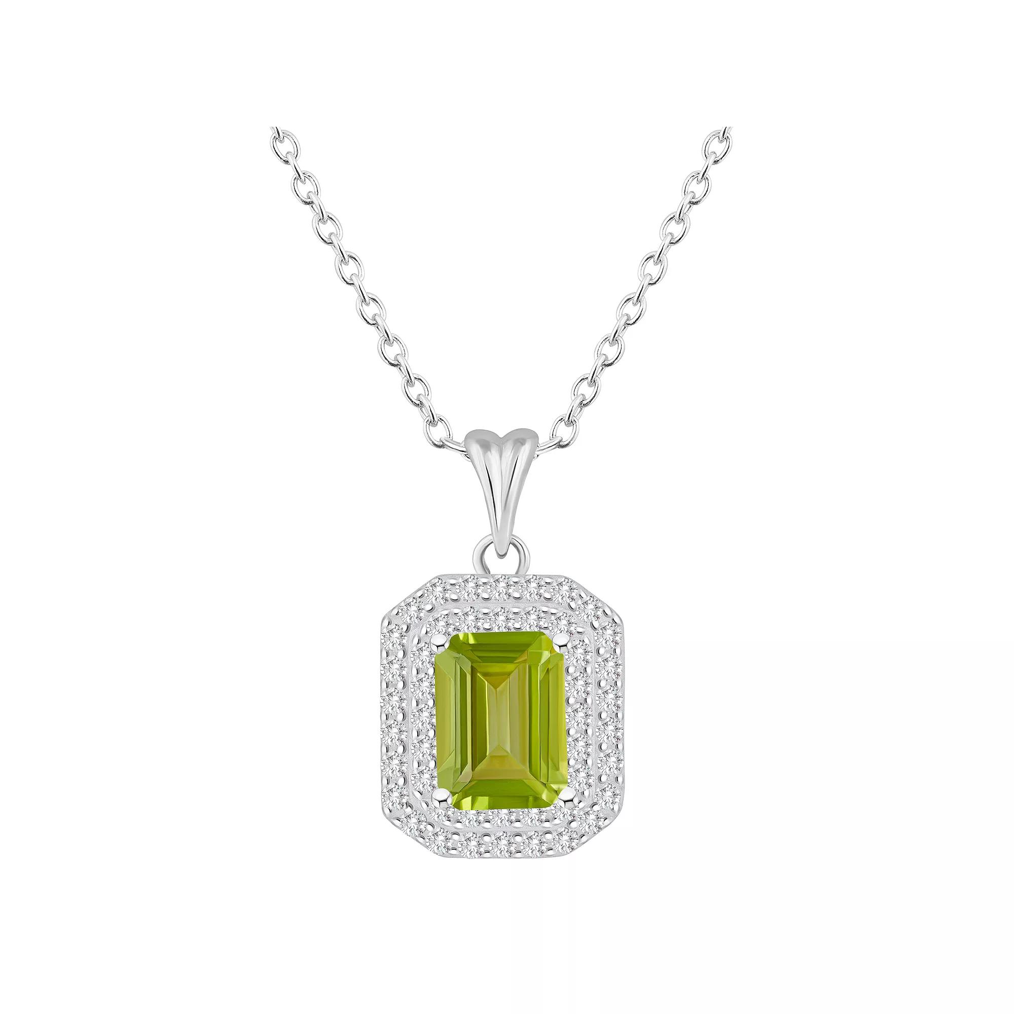 Celebration Gems Sterling Silver Emerald-Cut Peridot & White Topaz Double Halo Pendant Necklace, Women's,  Product Image