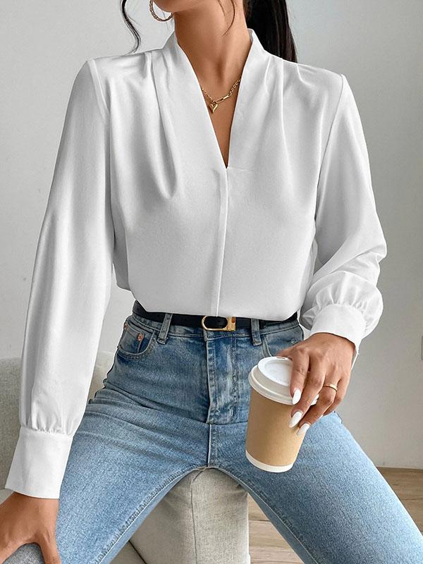 Long Sleeves Loose Pleated Solid Color Split-Joint V-Neck Blouses&Shirts Tops Product Image