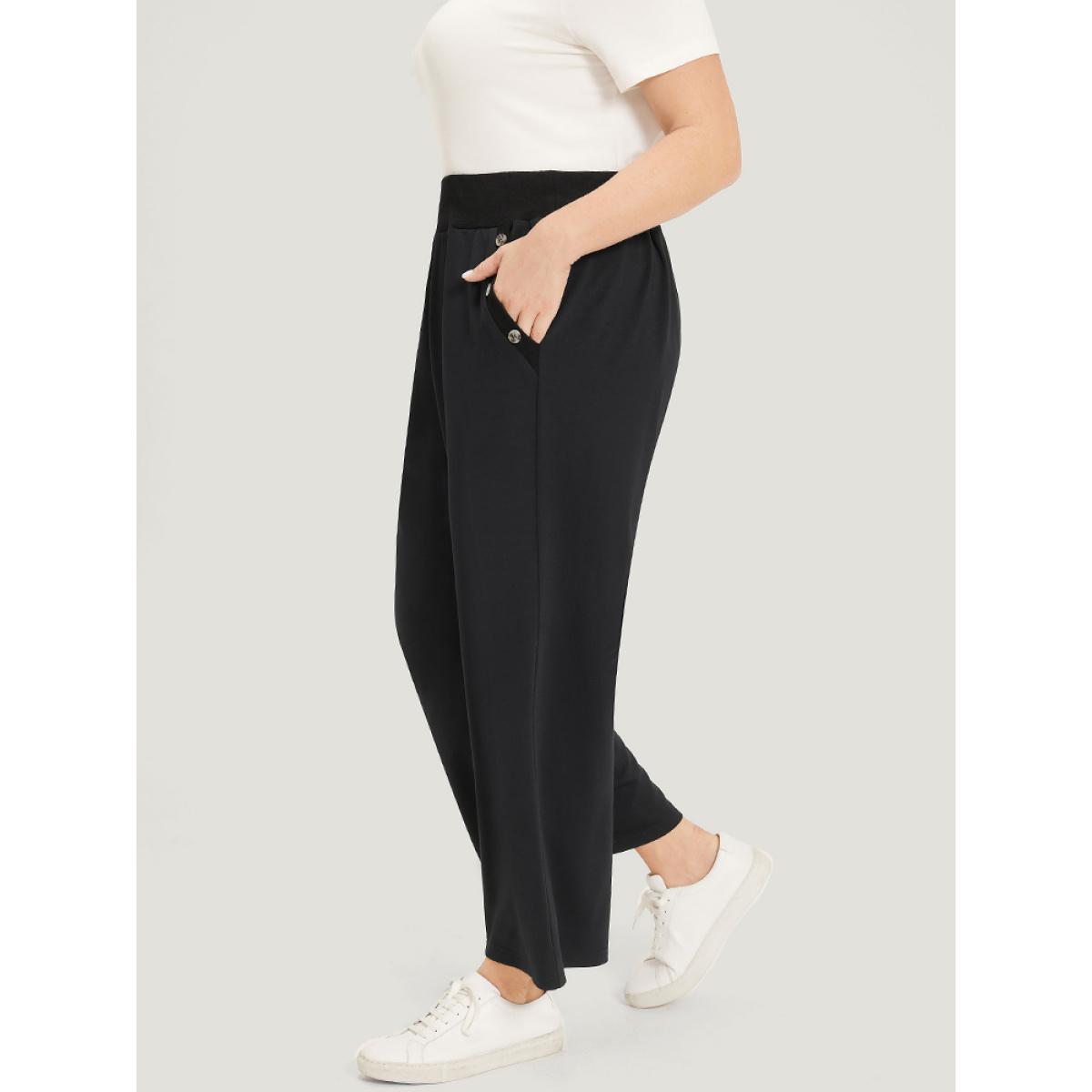 Plain Pocket Button Detail High Rise Sweatpants Black Plus Size Women Casual Dailywear Plain 22-24/3X Bloomchic Product Image