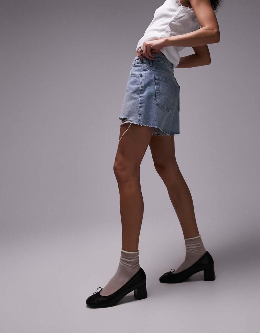 Topshop denim a-line Mom Shorts with rip in vintage blue  Product Image