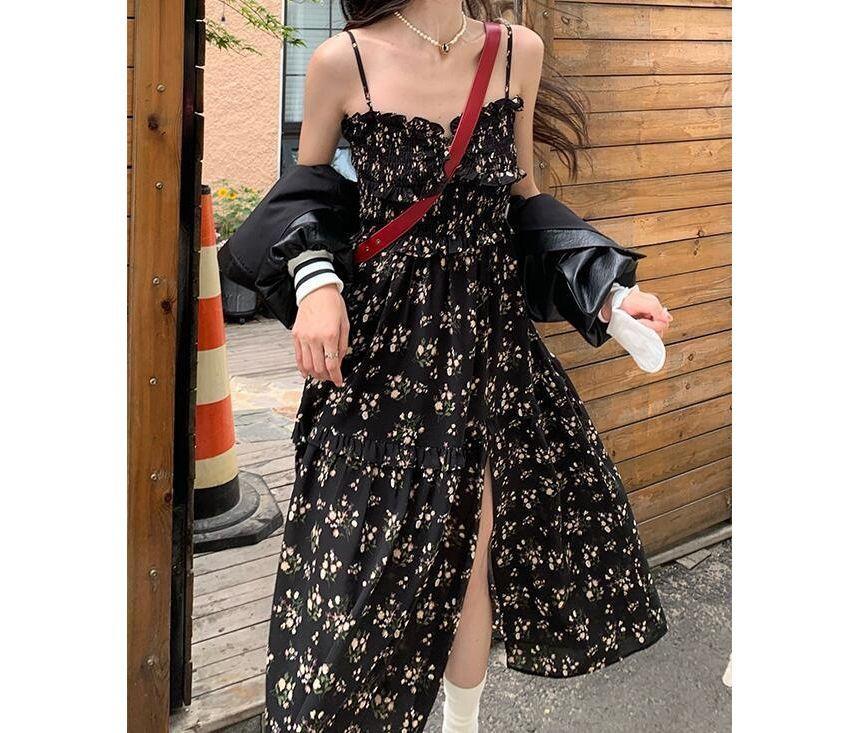 Spaghetti Strap Floral Slit Midi A-Line Sundress Product Image