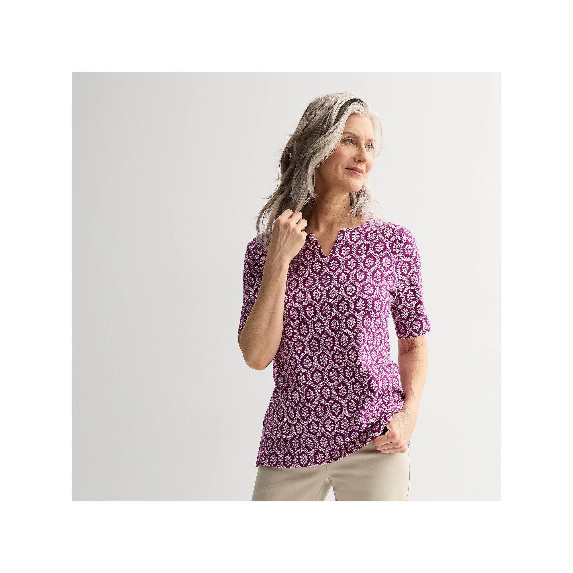 Petite Croft & Barrow® Elbow Sleeve Splitneck Top, Women's,  Product Image